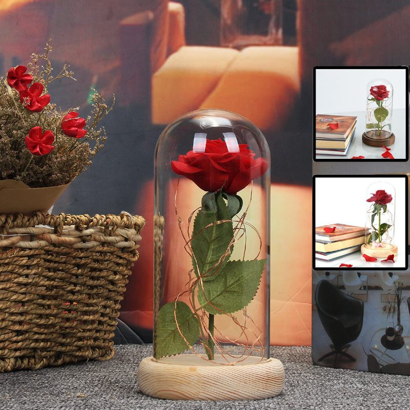 Karácsonyi Díszek Beauty Enchanted Tartósított Vörös Friss Rózsa Üvegborítás + Led Lámpa