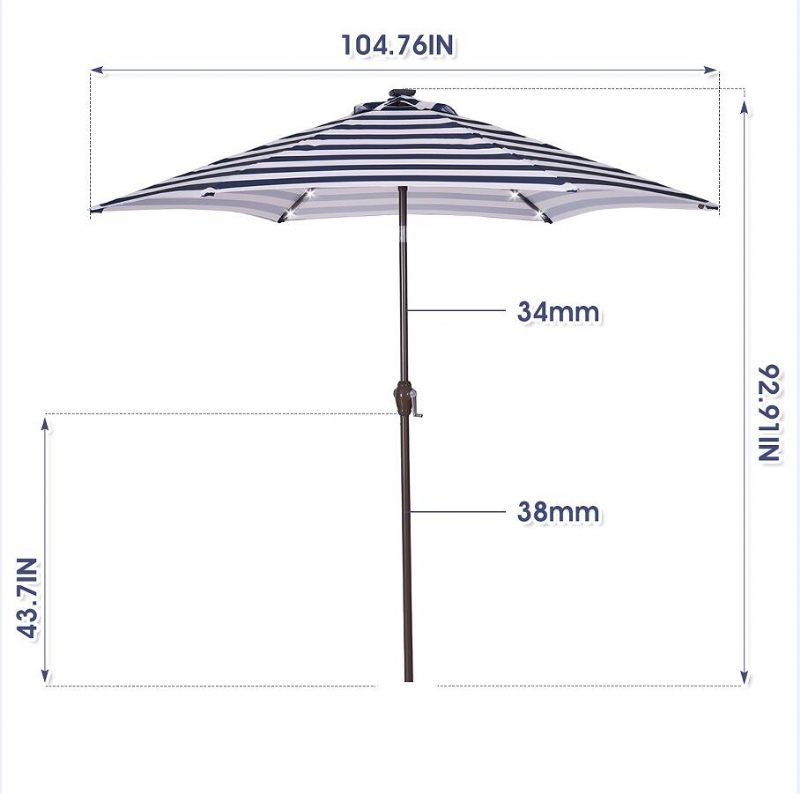 A Kültéri Terasz 8.7 Méteres Piaci Asztali Esernyője Nyomógombos Billentéssel És Kék Fehér Csíkokkal 24 Led-es Lámpával Az Esernyő Talpa Nem Tartozék