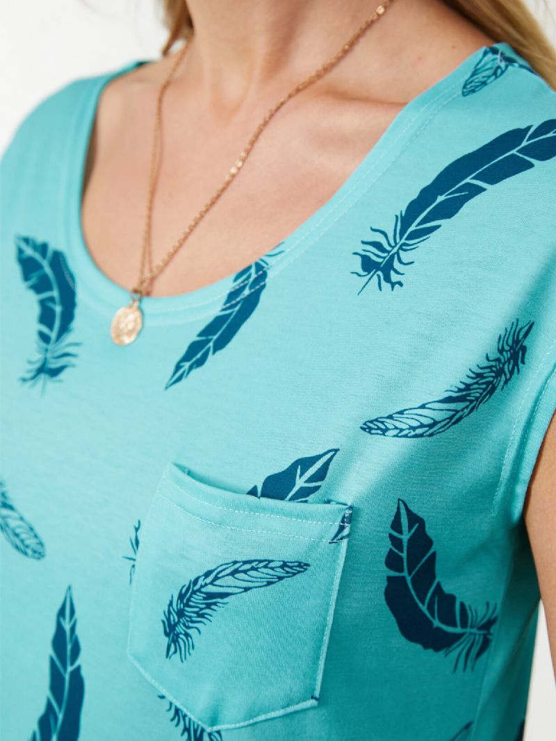 Feather Graphic Print Kerek Nyakú Ujjatlan Felső