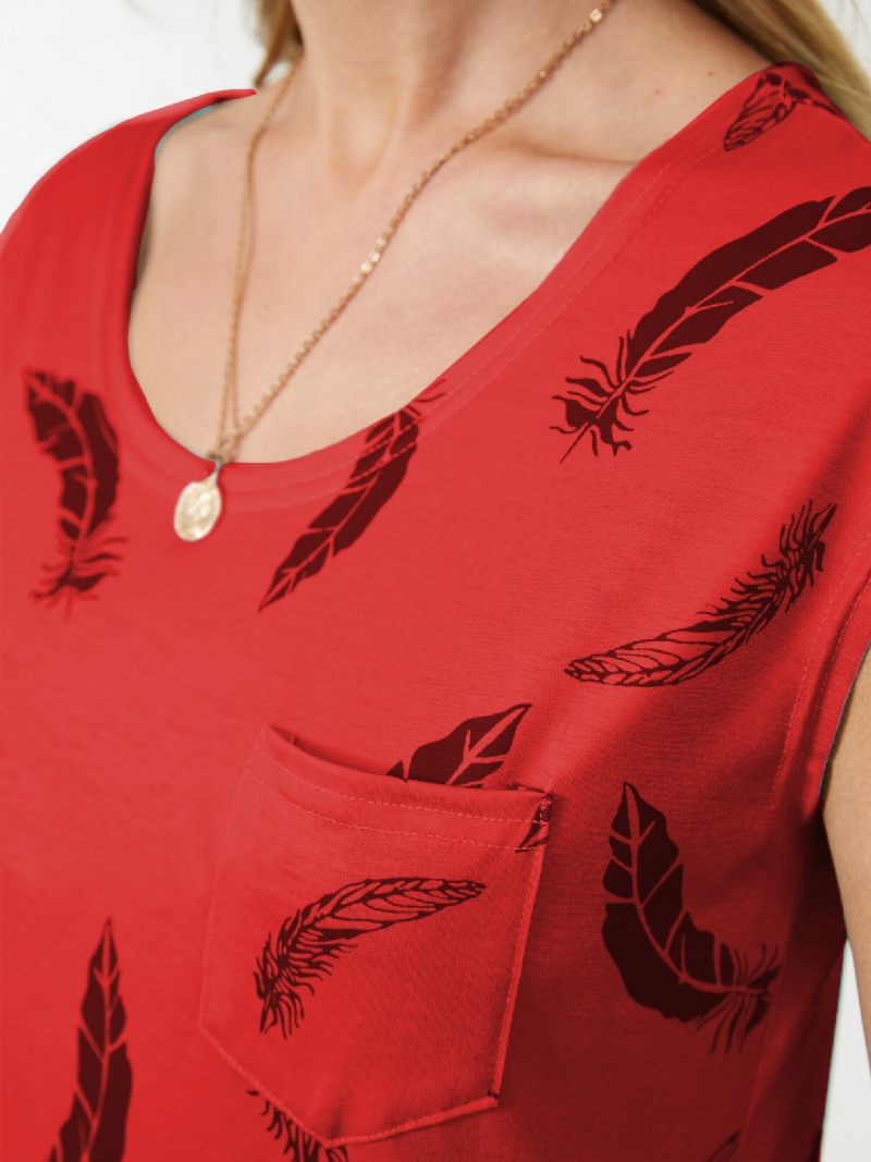 Feather Graphic Print Kerek Nyakú Ujjatlan Felső