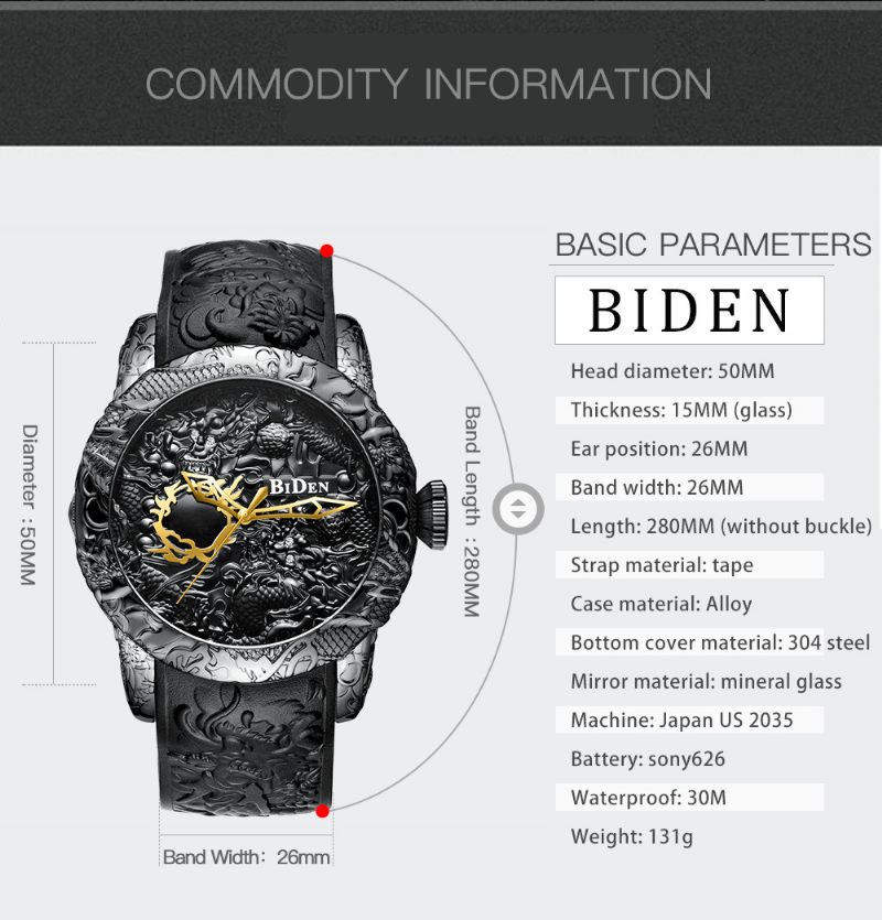 Márka Férfi Karórák Biden Fashion 3d Gravírozott Sárkány Kvarc Óra Vízálló Sport Óra Relogio Masculino