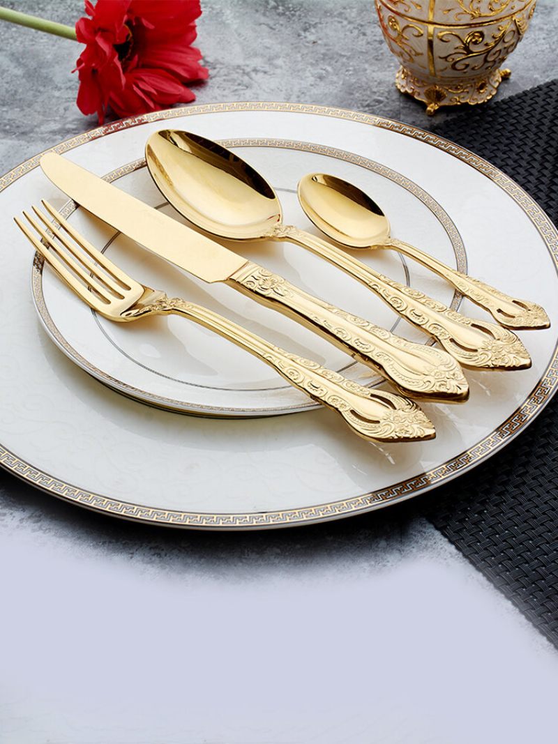 Retro Vintage Western Aranyozott Relief Evőeszközök Étkező Kések Villák Teáskanál Szett Golden Luxury Type