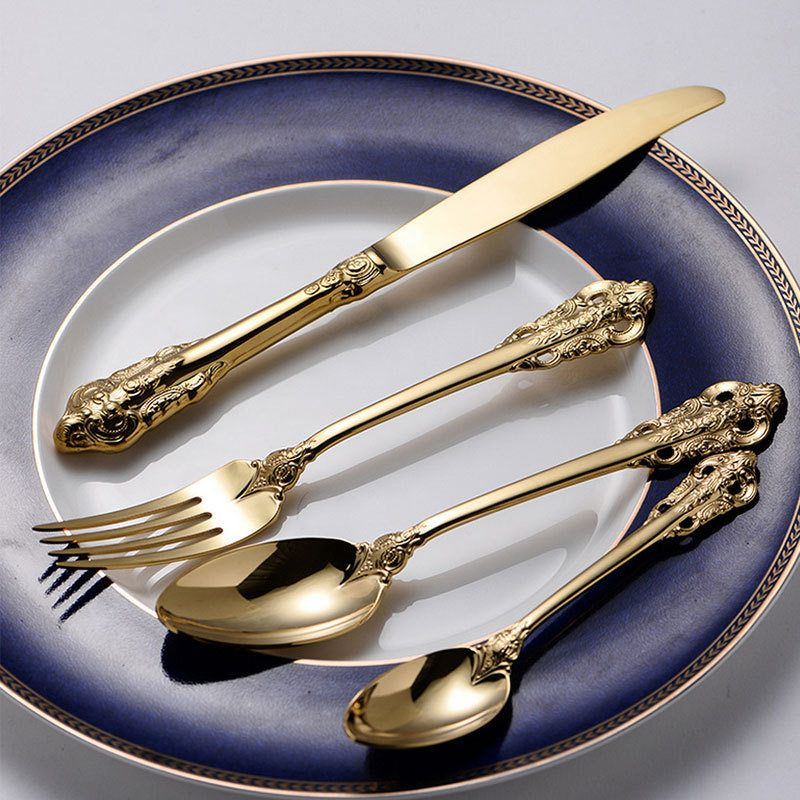 Retro Vintage Western Aranyozott Relief Evőeszközök Étkező Kések Villák Teáskanál Szett Golden Luxury Type