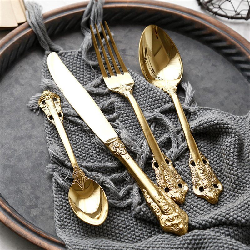 Retro Vintage Western Aranyozott Relief Evőeszközök Étkező Kések Villák Teáskanál Szett Golden Luxury Type
