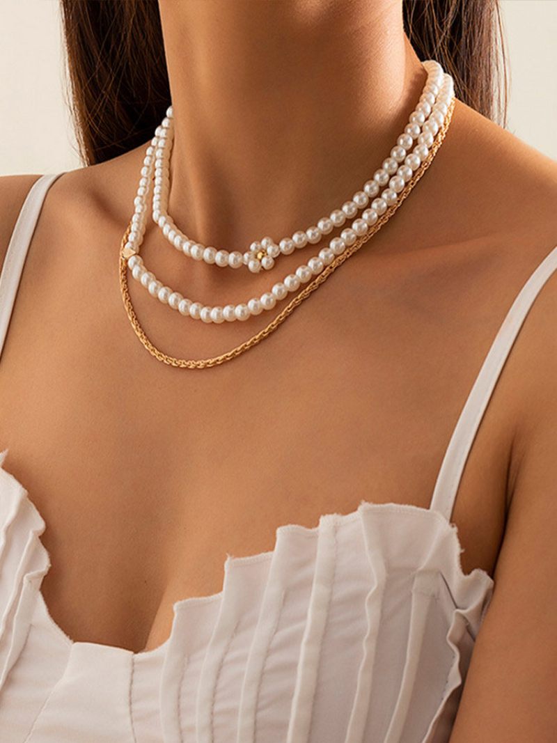 3 Db Vintage Daisy Pearl Gyöngyös Csavart Láncos Réz Ccb Nyaklánc Készlet