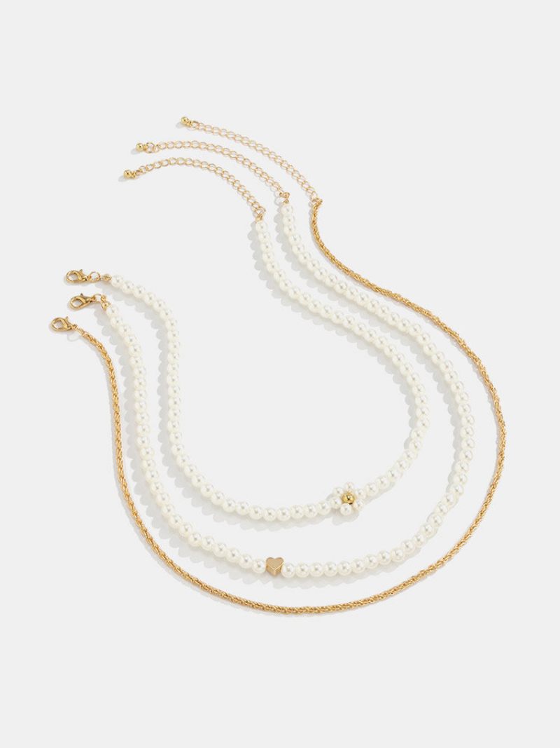 3 Db Vintage Daisy Pearl Gyöngyös Csavart Láncos Réz Ccb Nyaklánc Készlet
