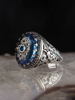 Jassy 1 Db Antik Retro Gravírozott Vintage Mintás Kék Cirkon Ötvözet Gyűrű
