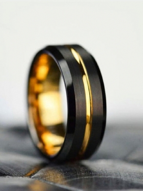 Trendi Egyszerű Fekete Hornyolt Belső Arany Rozsdamentes Acél Gyűrű