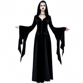 Női Gótikus Halloween Jelmez Reneszánsz Középkori Cosplay Ruha Fekete Hosszú Ujjú Kapucnis Boszorkány Viktoriánus
